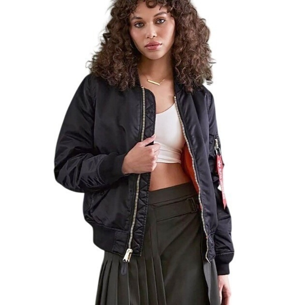 Alpha Industries Womens S Black MA-1 Heritage Flight Bomber Jacket Orange Lining
